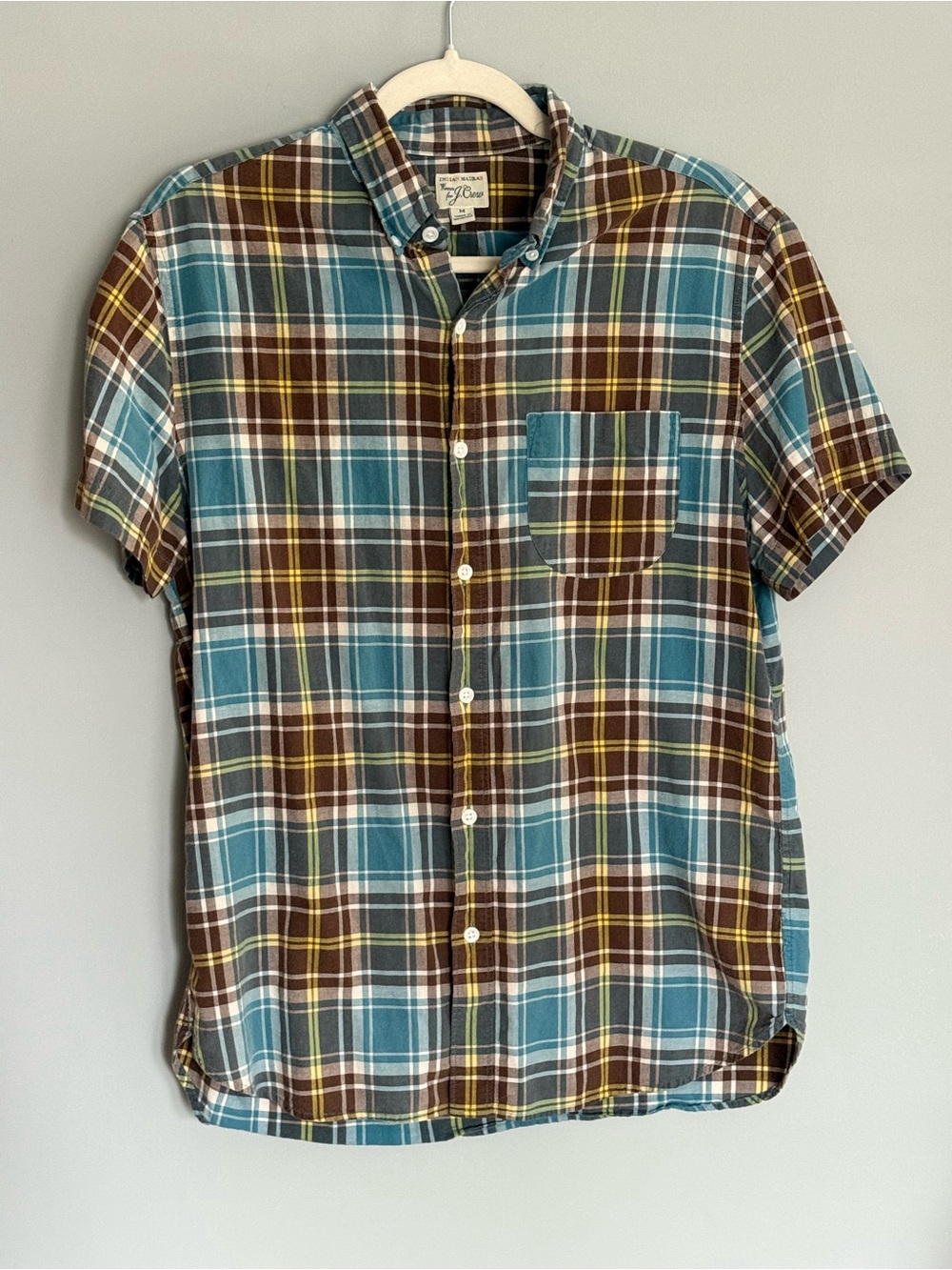 J. Crew Short-Sleeve Plaid Button-Down Shirt in Teal and Brown